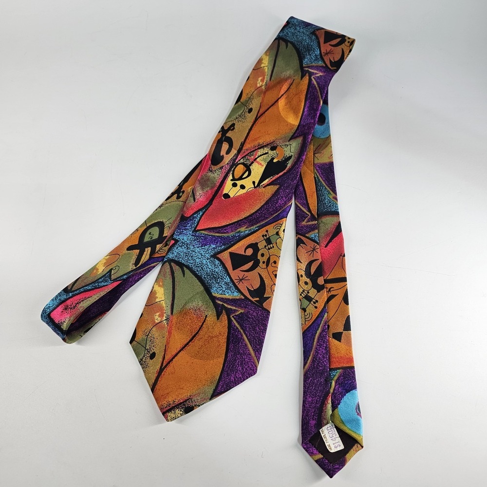 Vtg 80's Brioni Tie Men's 100% Silk Abstract 3D Colorful Purple Green Red Blue